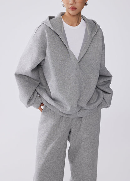 Grey Hooded Cotton Pullover Sweatshirt Two Pieces Set Fall