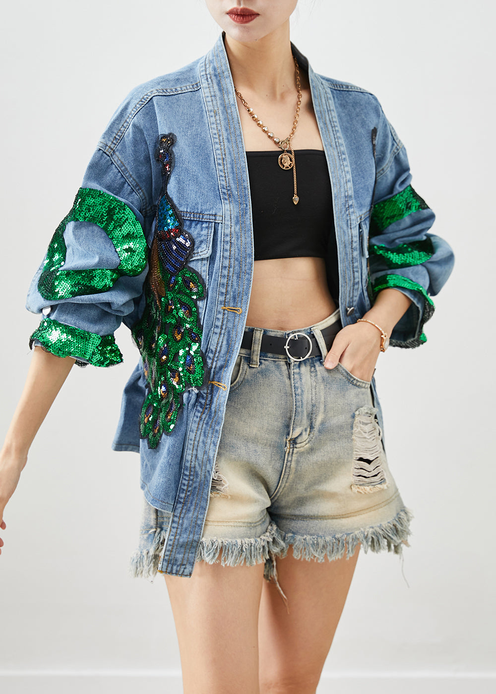 Blue Peacock Sequins Elastic Waist Denim Coats Fall