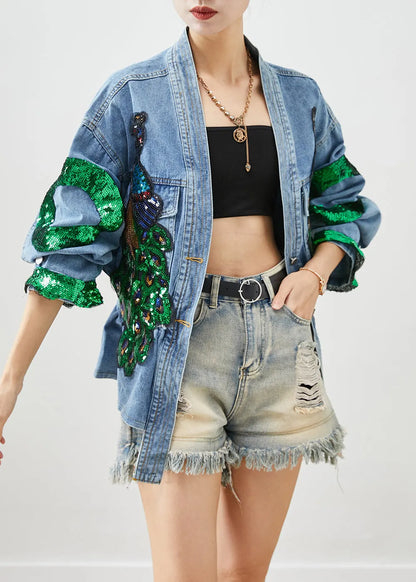 Blue Peacock Sequins Elastic Waist Denim Coats Fall