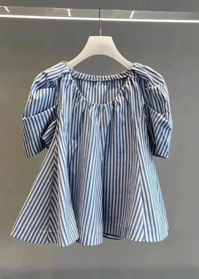 Blue Striped Cotton Shirts Puff Sleeve