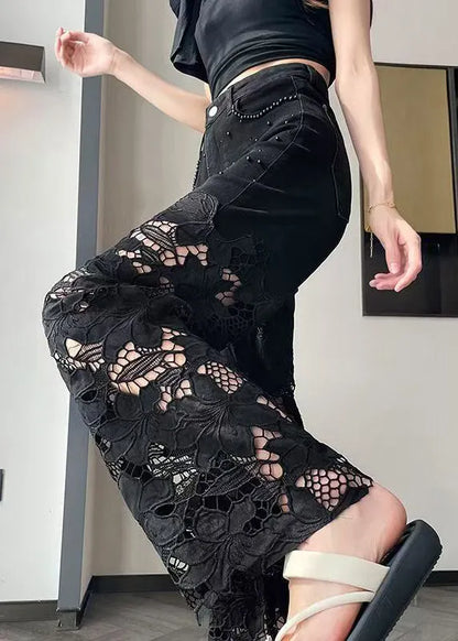 Modern Black Hollow Out Nail Bead Denim Pants Summer