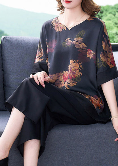 Handmade Black O-neck Asymmetrical Patchwork Print Silk Two Pieces Set Batwing Sleeve