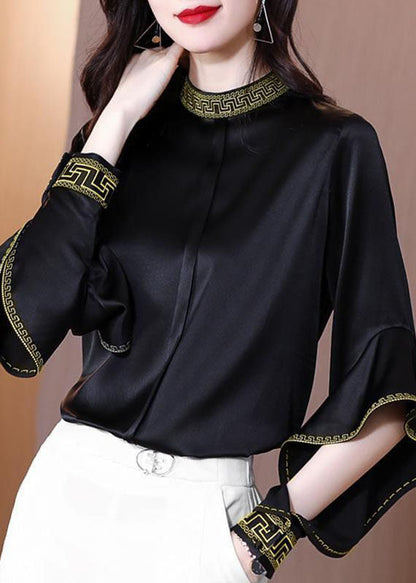 Black Stand Collar Embroideried Ruffles Silk Shirt Spring