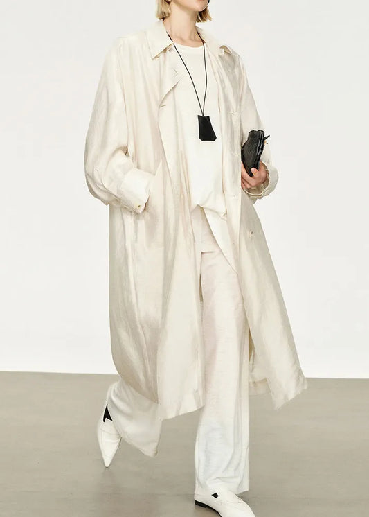 White Pockets Thin Linen Silk Long Trench Coats Peter Pan Collar Batwing Sleeve