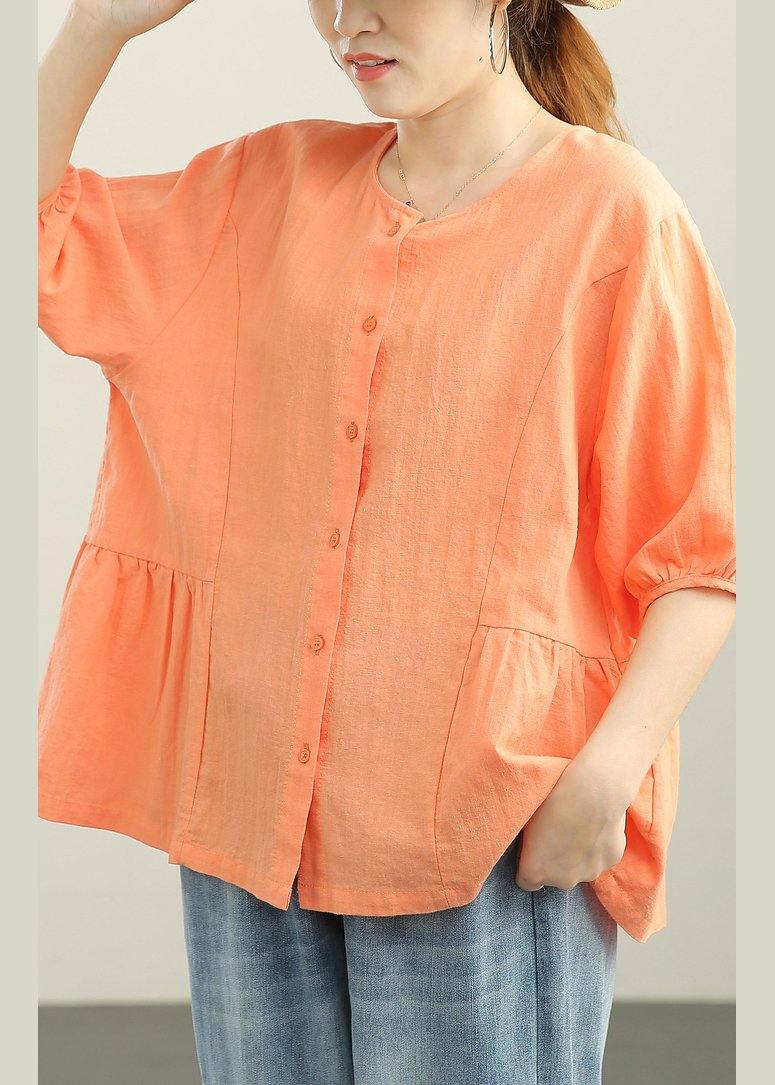 Orange Cinched Lantern Sleeve Linen Summer Blouses
