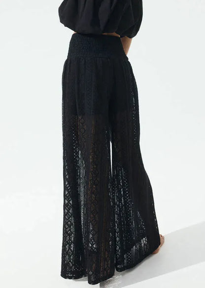 New Black Hollow Out Elastic Waist Lace Wide Leg Pants Summer