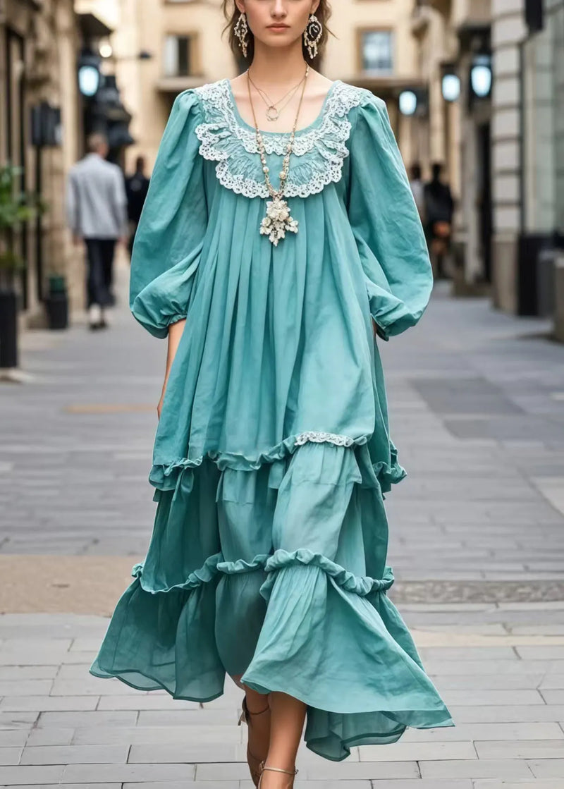 Blue Ruffled Patchwork Lace Dress Bracelet Sleeve