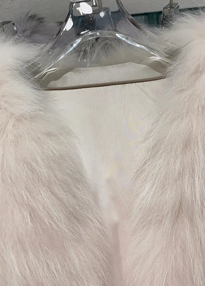 Light Pink V Neck Patchwork Leather and Fur Coats Winter