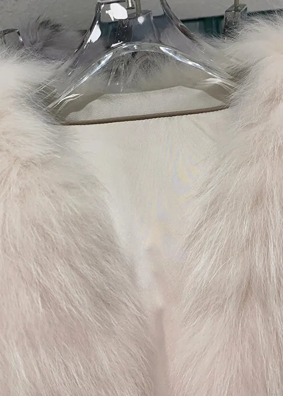 Light Pink V Neck Patchwork Leather and Fur Coats Winter