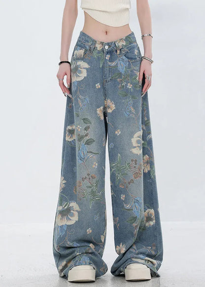 Original Design Blue Print Pockets Denim Pants Fall