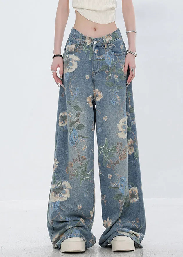 Original Design Blue Print Pockets Denim Pants Fall
