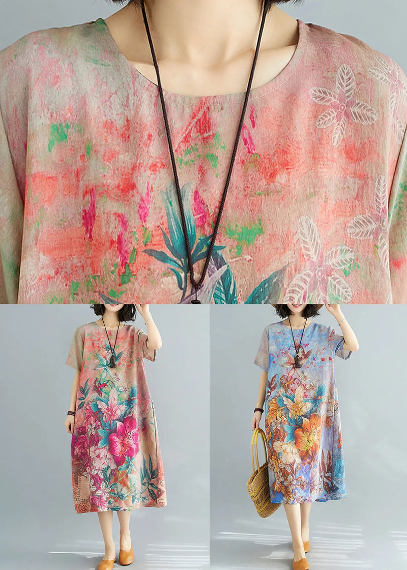 Blue O Neck Print Cotton Dresses Summer