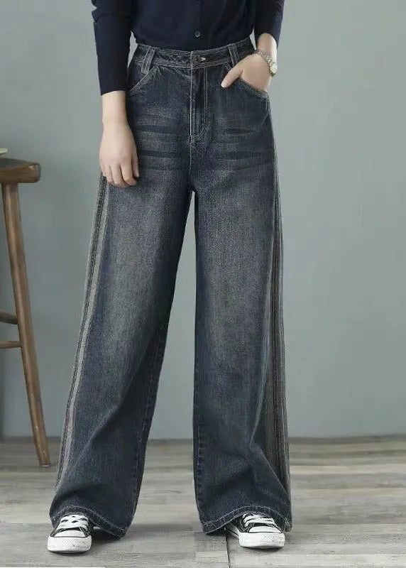 Loose Denim Blue High Waist Pockets Cotton Wide Leg Pants for Spring