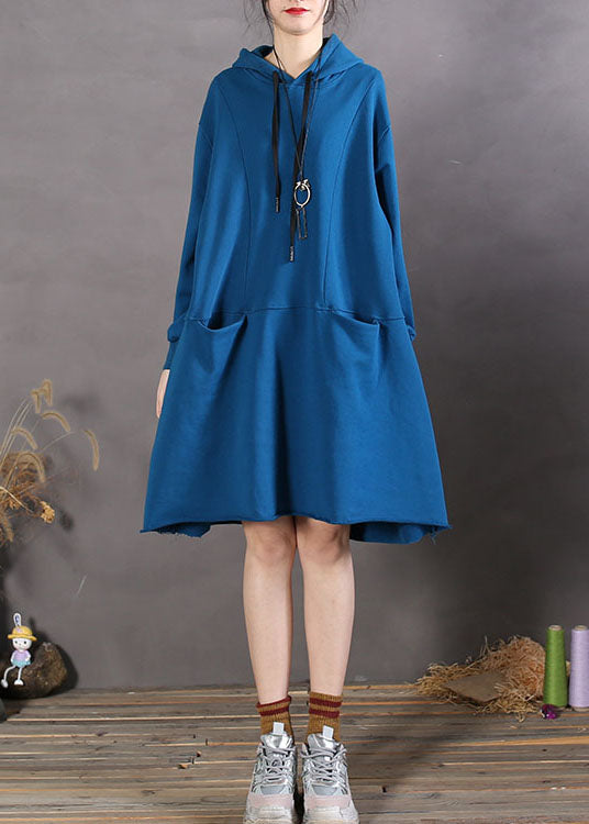Blue Drawstring Cotton Loose Sweatshirts Dress Spring