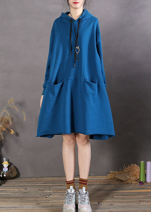 Blue Drawstring Cotton Loose Sweatshirts Dress Spring
