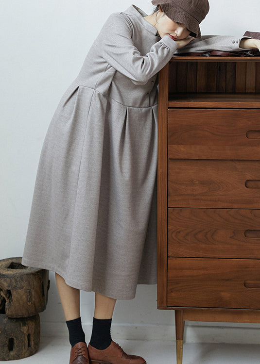 Grey Stand Collar Wrinkled Patchwork Cotton Dresses Fall