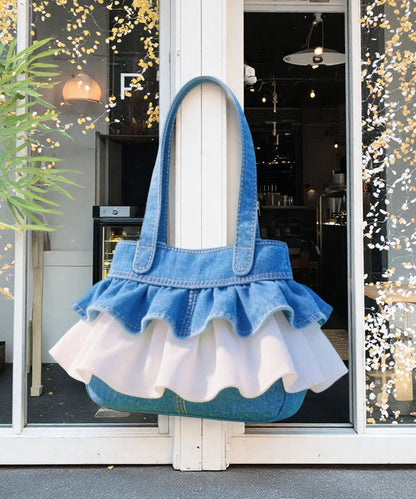 Blue Ruffled Patchwork Lace Denim Handbags