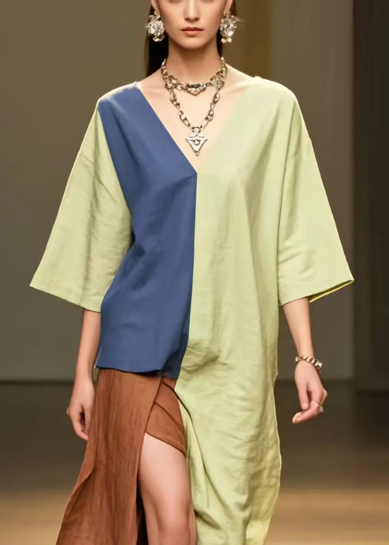 Grass Green Patchwork Cotton Dress Asymmetrical Side Open Summer