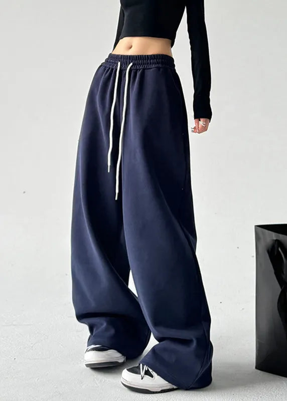 Brief Navy Patchwork Elastic Waist Wide Leg Pants Spring