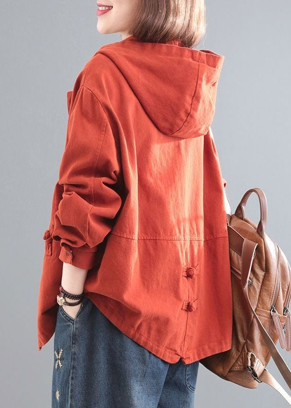 Orange Hooded Chinese Button Denim Coat Long Sleeve Spring