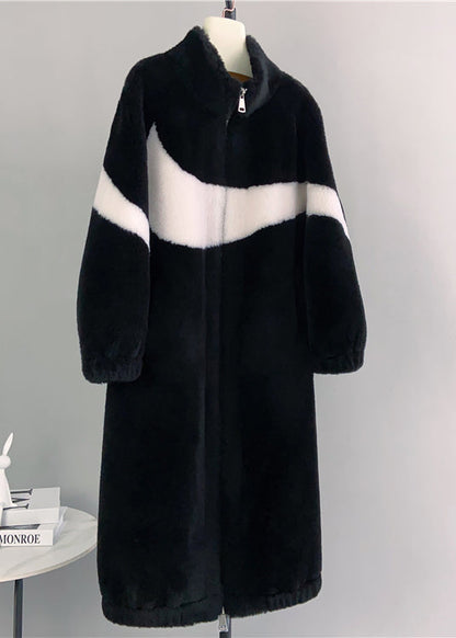 Black Stand Collar Zip Up Pockets Wool Coat Winter