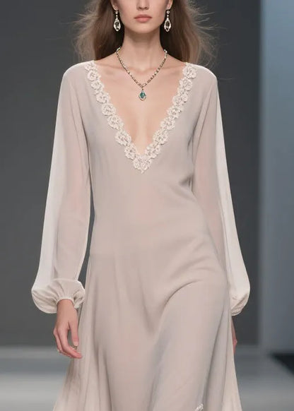 Simple Apricot V Neck Lace Side Open Chiffon Long Dresses Spring