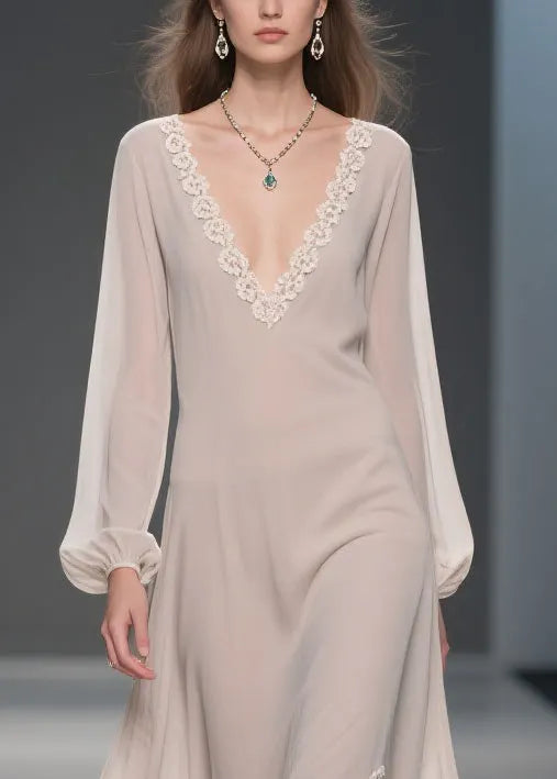 Simple Apricot V Neck Lace Side Open Chiffon Long Dresses Spring