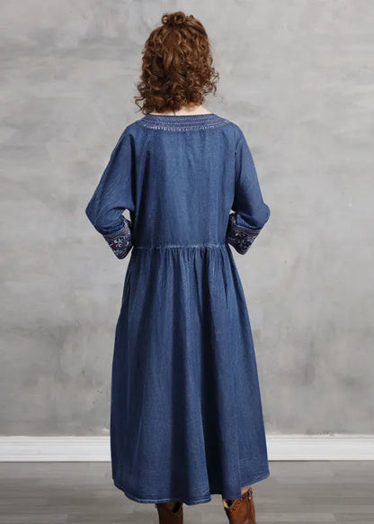 Blue Embroideried Asymmetrical Design Tie Waist Cotton Denim Dresses Bracelet Sleeve
