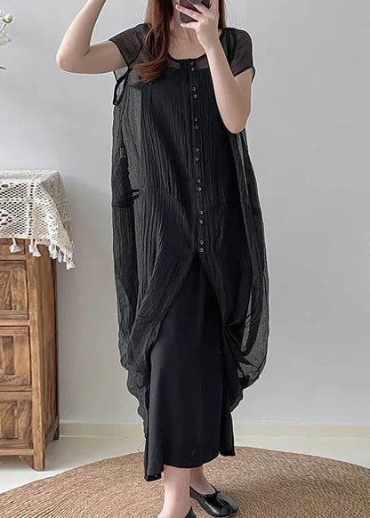 Grey Silk Two Piece Set Clothing Asymmetrical Wrinkled Summer