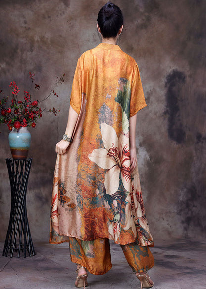 Yellow Stand Collar Print Silk Long Shirt and Crop Pant Two Pieces Set Summer