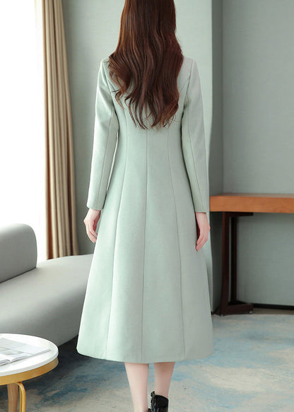 Mint Green Embroideried Woolen Maxi Trench Coat Long Sleeve