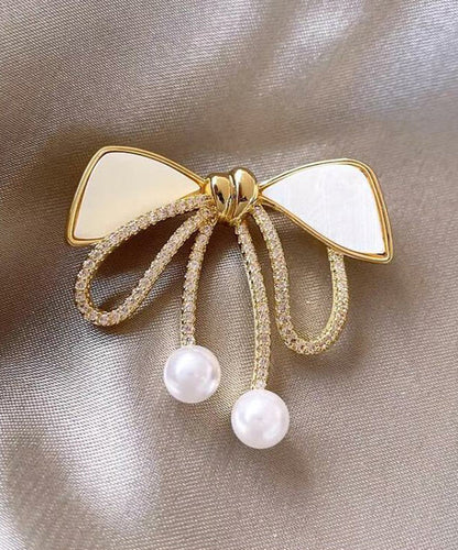 Gold Sterling Silver Alloy Zircon Bow Pearl Brooches