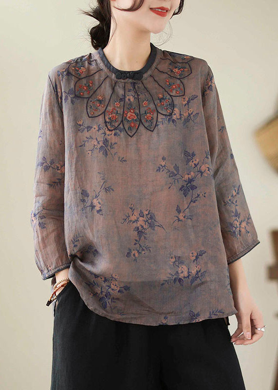 Dark Purple Embroideried Print Linen Tops Spring