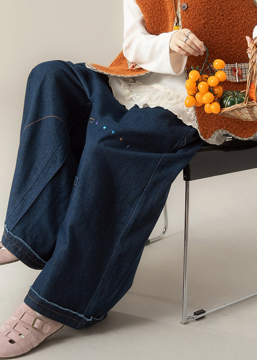 Dark Blue Pockets Print Patchwork Denim Pants Winter