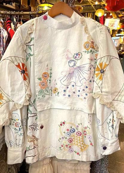 Handmade Blue Polka Dots Embroidered Patchwork Cotton Blouse Tops Fall