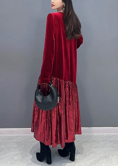 New Red Patchwork Silk Velour Long Dress Long Sleeve