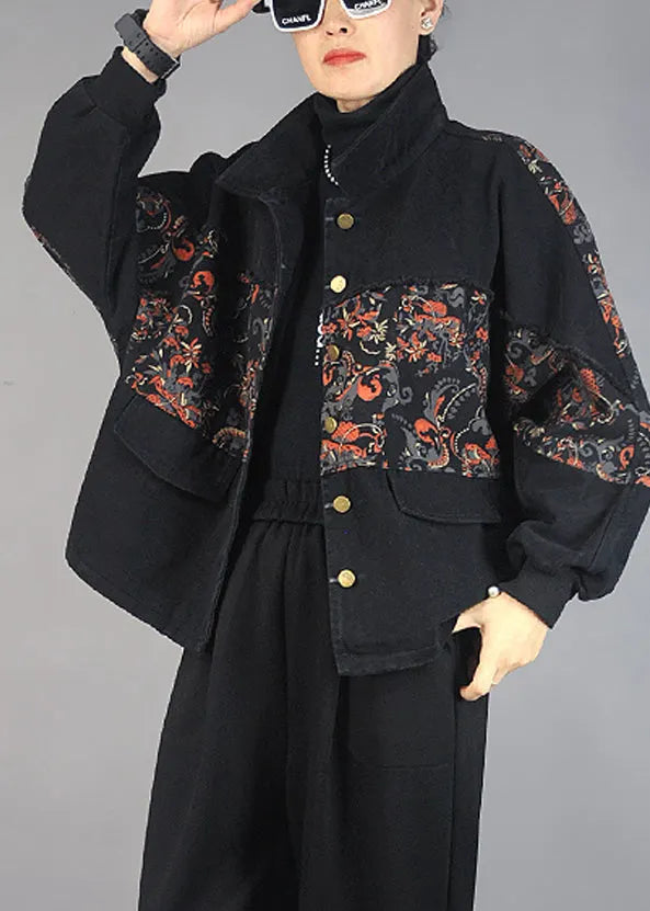 Black Oversized Patchwork Print Denim Jacket Spring