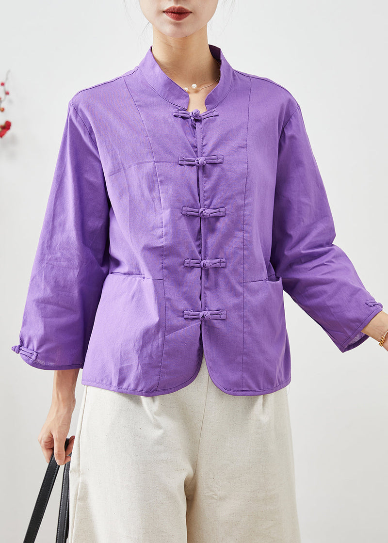 Purple Mandarin Collar Oriental Cotton Two Pieces Set Fall