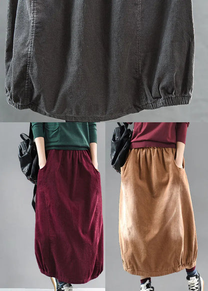 Grey Black Wrinkled Patchwork Corduroy Skirts Spring