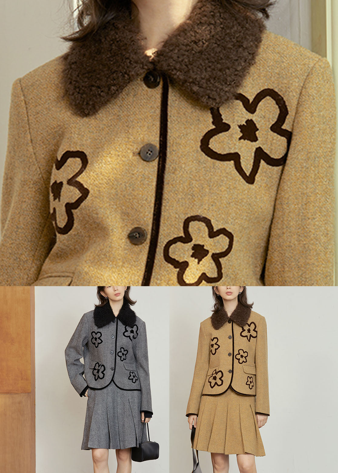 Ginger Peter Pan Collar Woolen Coat and Skirts Two Pieces Set Long Sleeve