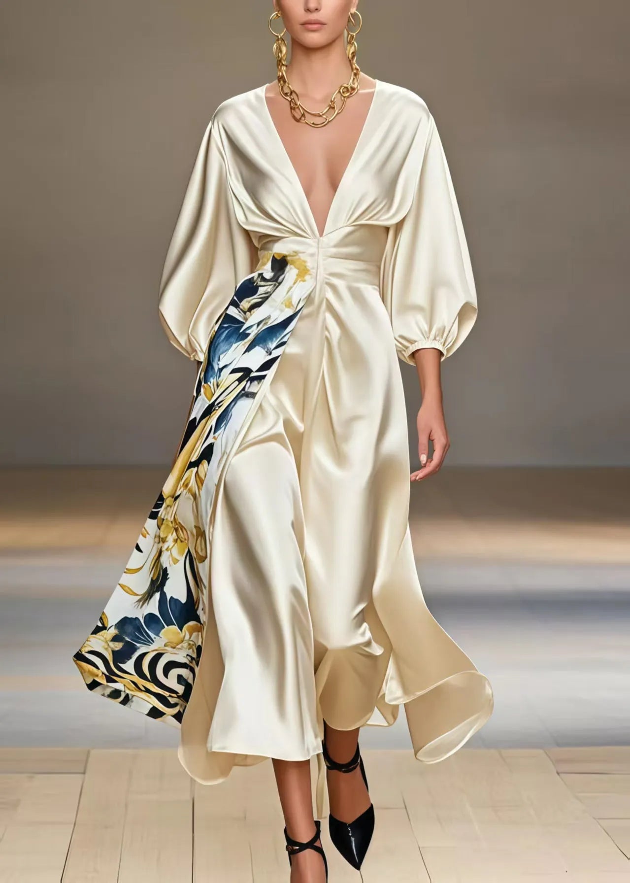 Diy Champagne Deep-v Neck Print Silk Party Dresses Bracelet Sleeve