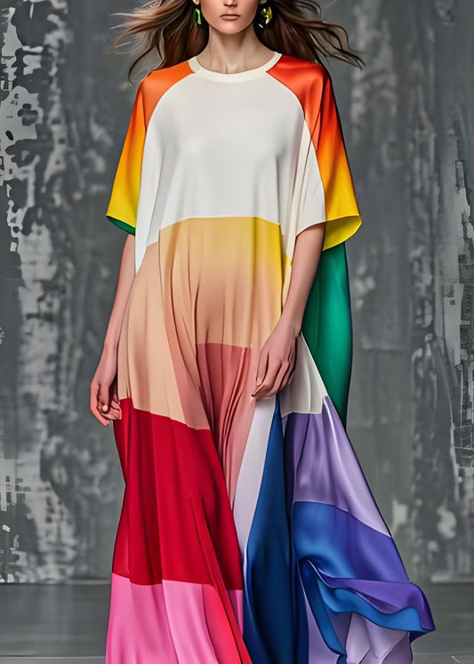 Colorblock O Neck Silk Dresses Summer
