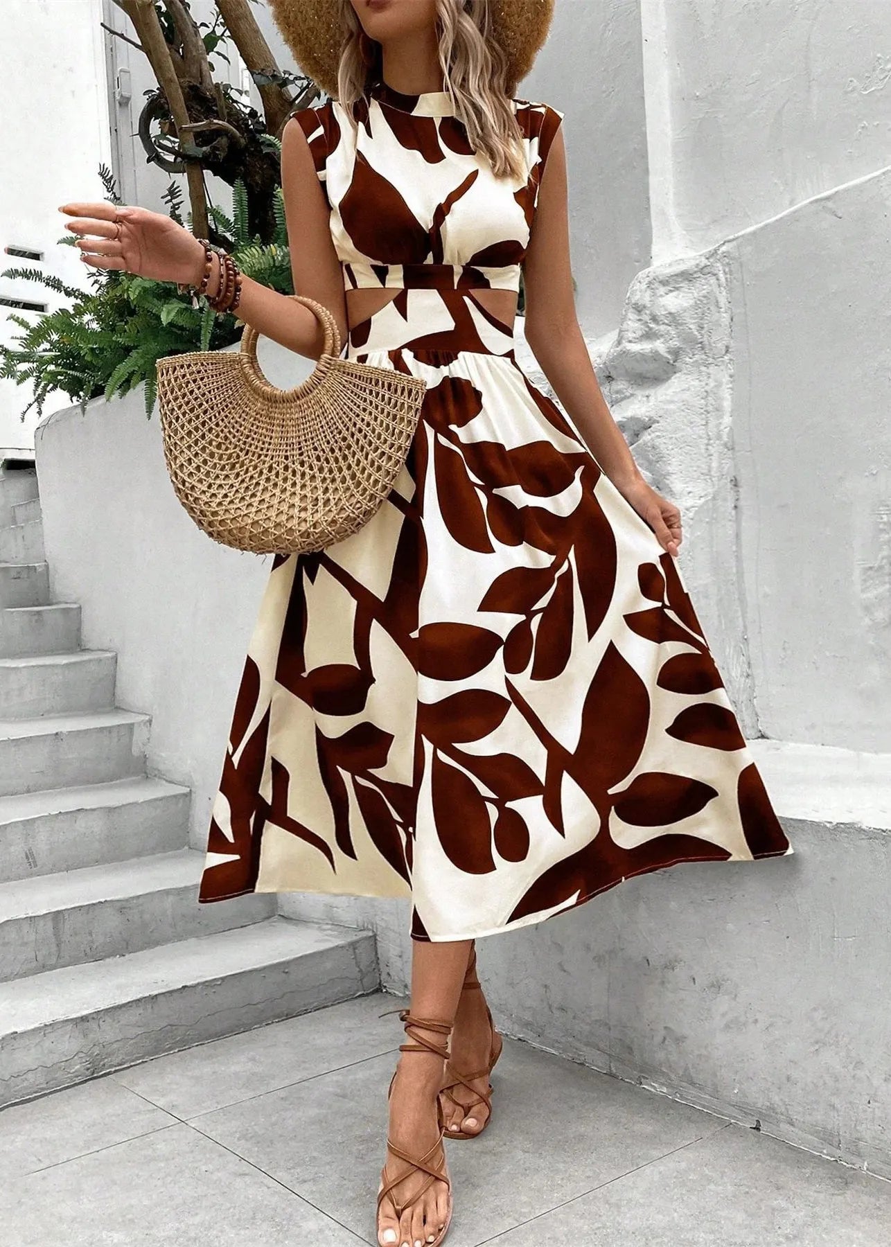 Art Black Print Hollow Out Cotton Long Dress Sleeveless
