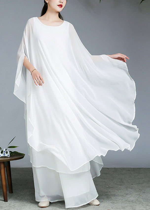 Boutique White O-neck Chiffon Long Dress and Wide Leg Pants Two Pieces Set Fall