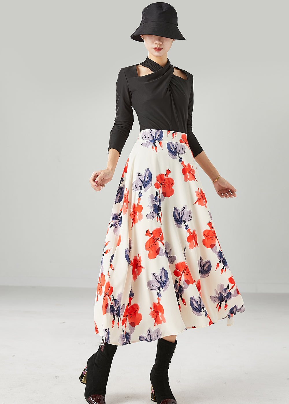 Apricot High Waist Print Chiffon a Line Skirts Summer