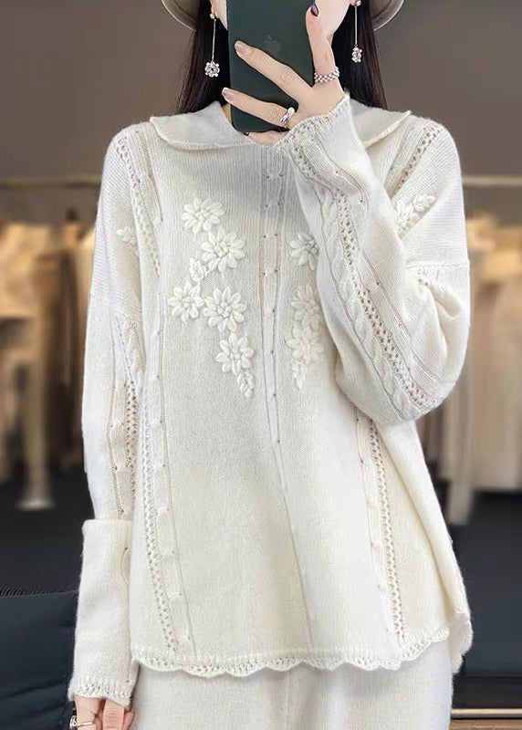 Boutique Beige Peter Pan Collar Ruffled Patchwork Wool Knit Sweaters Spring