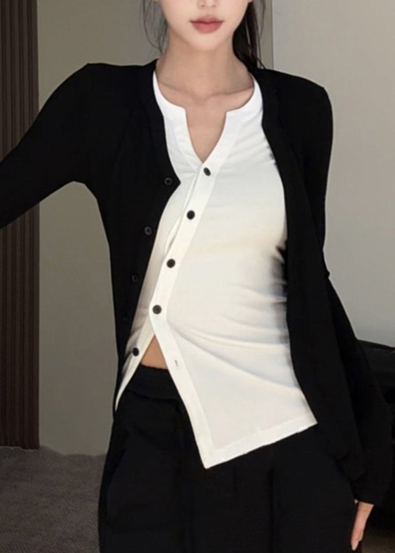 Black O-neck Asymmetrical Top Fake Two Pieces Fall