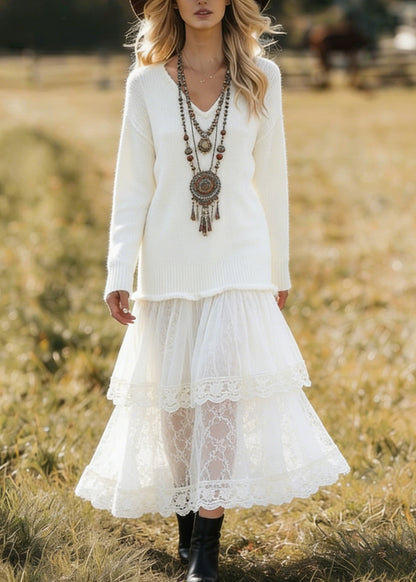 Unique White V Neck Lace Patchwork Knit Dress Spring