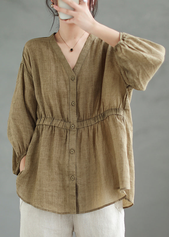 Loose Coffee Button Linen Shirt Bracelet Sleeve