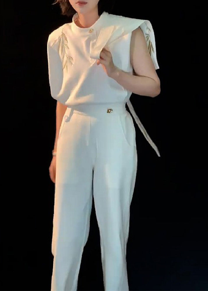Chinese Style White O-neck Embroidered Top and Straight Pants Two Piece Set Summer